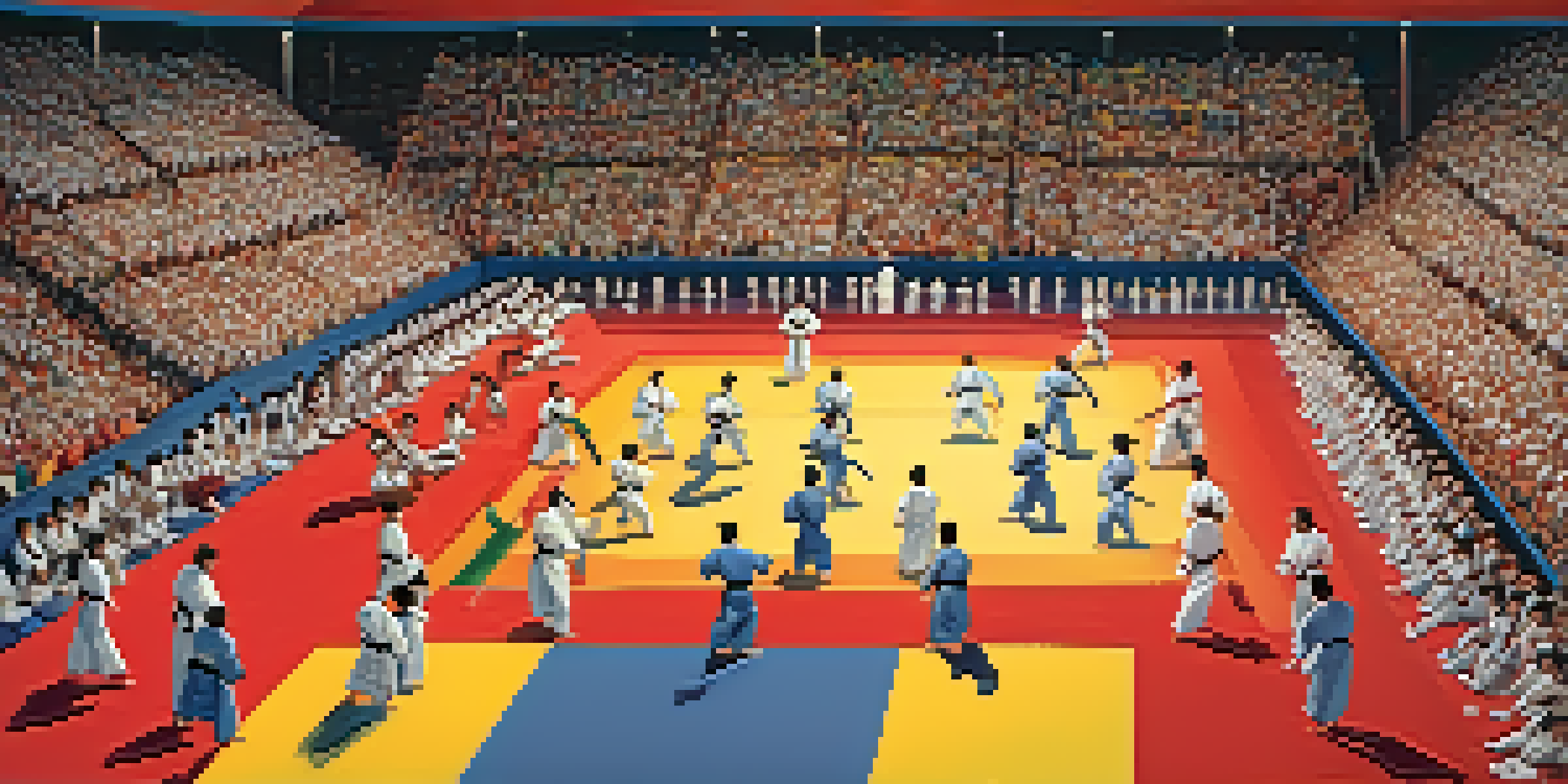 A diverse group of martial artists in traditional uniforms competing on a colorful mat at a tournament, with cheering spectators in the background.