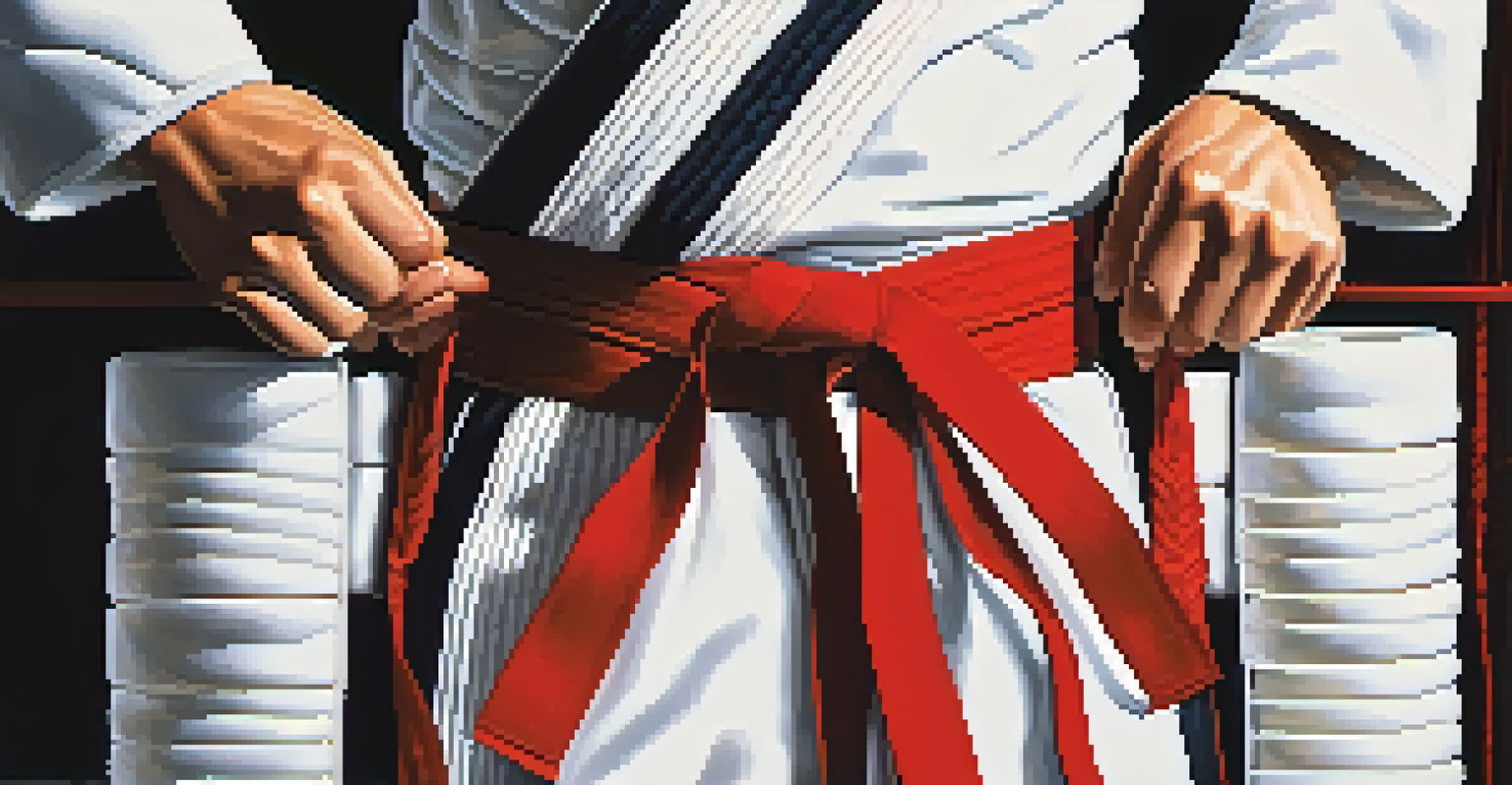 Close-up of a martial artist tying their belt, showcasing the ritual of preparation and concentration in a dojo setting.