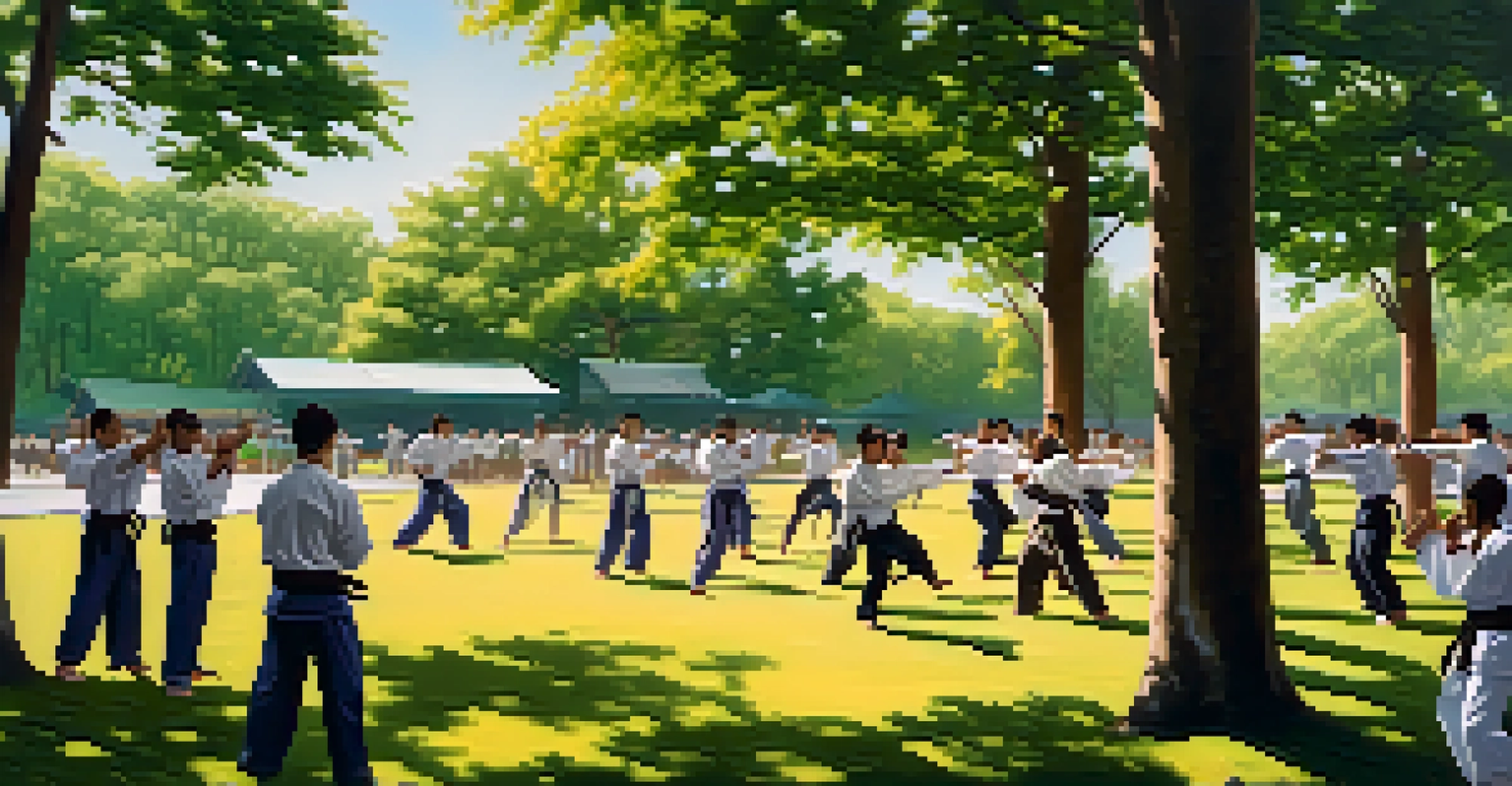 A diverse group practicing martial arts in a park on a sunny day, surrounded by greenery.