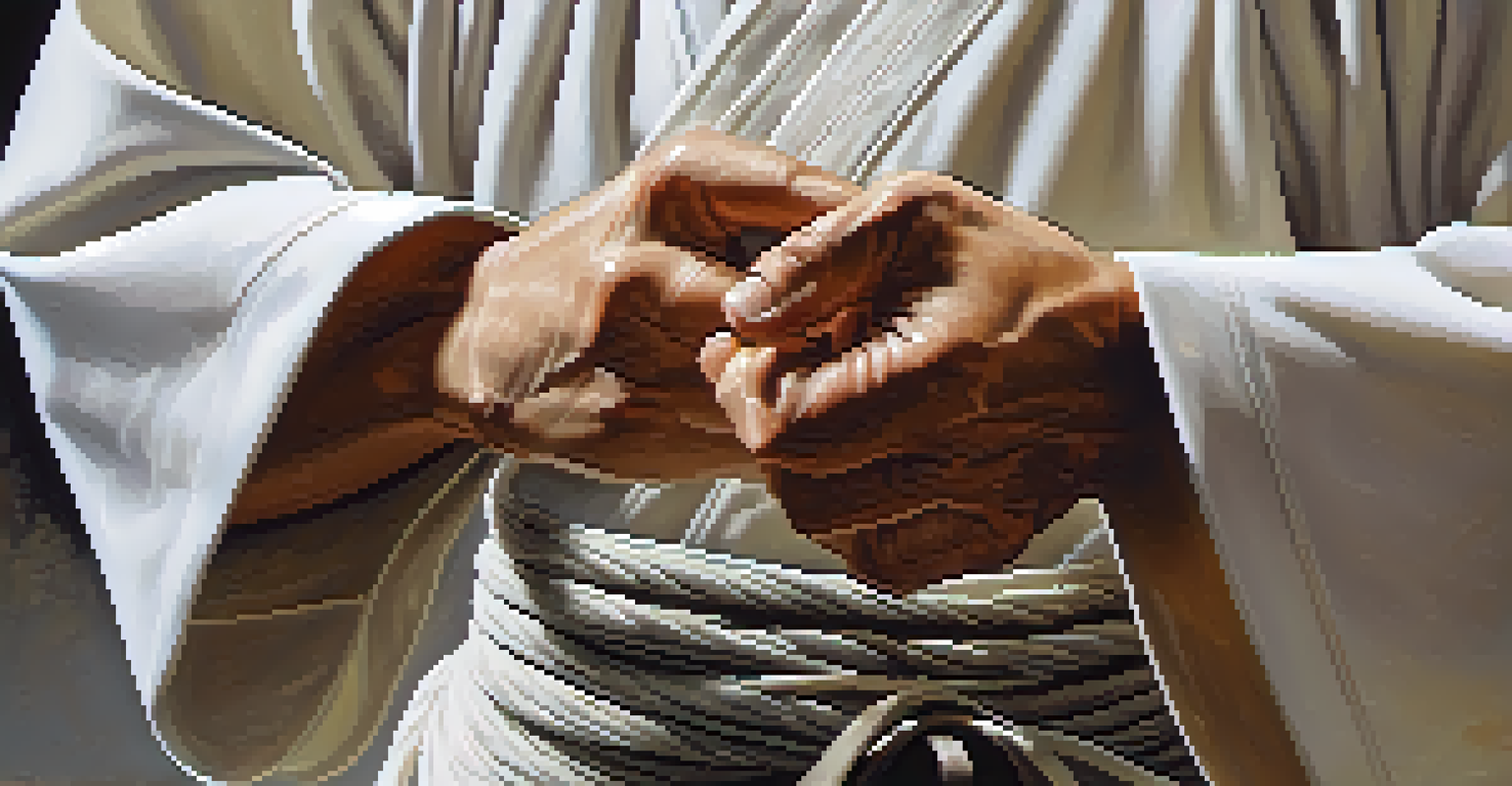 A close-up of an Aikido practitioner's hands performing a joint lock, highlighting the texture of the uniform and the motion.