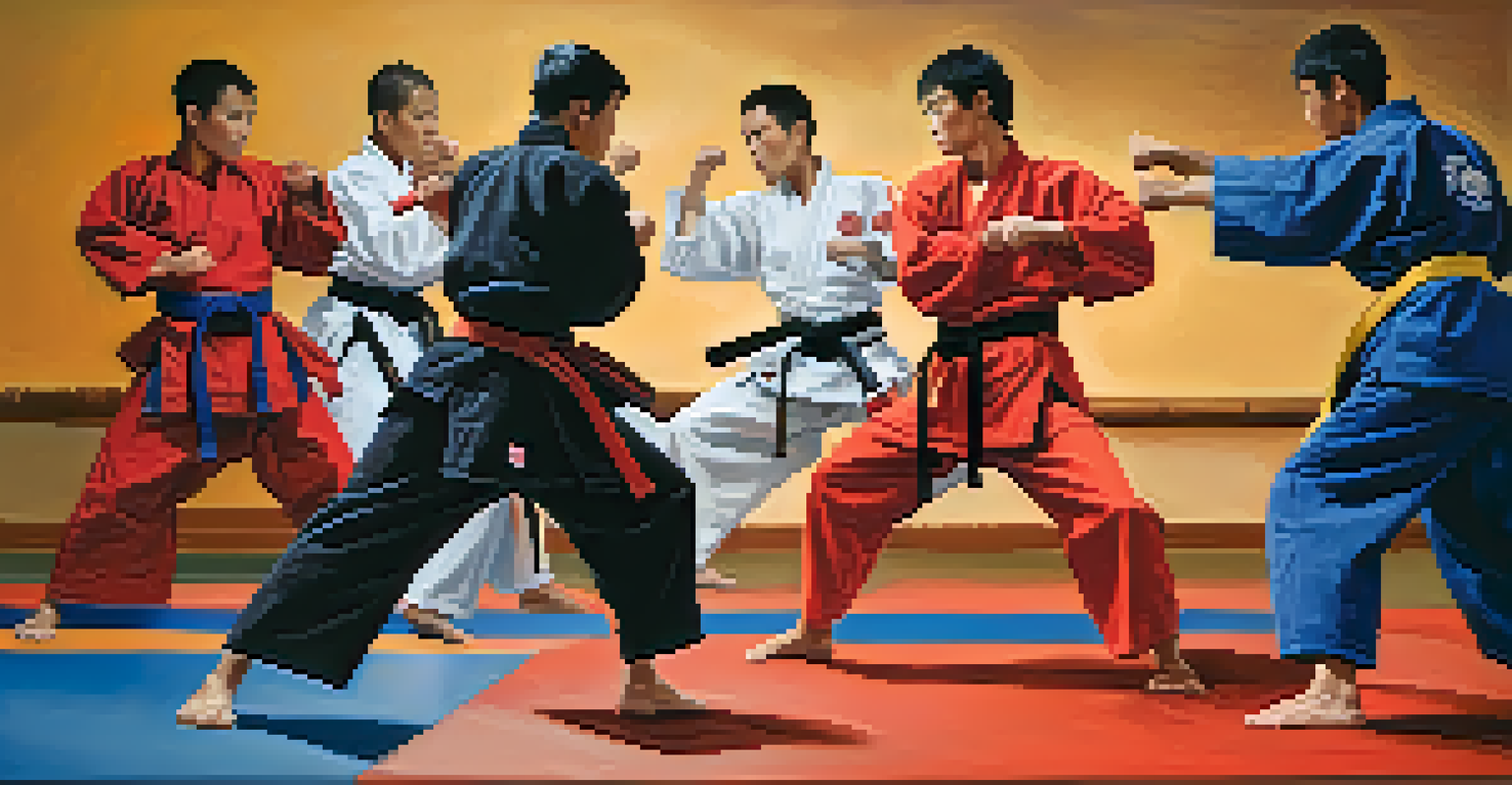 A group of martial arts students sparring in a dojo, showcasing various techniques and expressions of concentration.