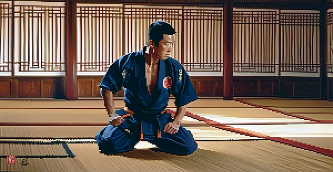 A martial artist practicing strikes in a traditional dojo with wooden mats and calligraphy on the walls.