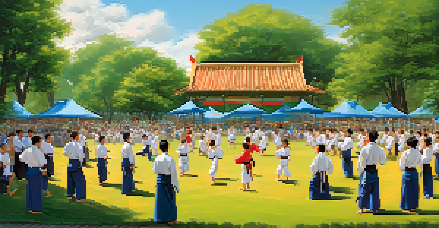 An outdoor martial arts event in a park, with martial artists demonstrating skills in front of an enthusiastic crowd, surrounded by tents and green trees.