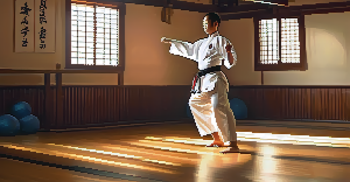 A martial artist practicing a kata in a sunlit dojo with wooden floors and traditional decor.
