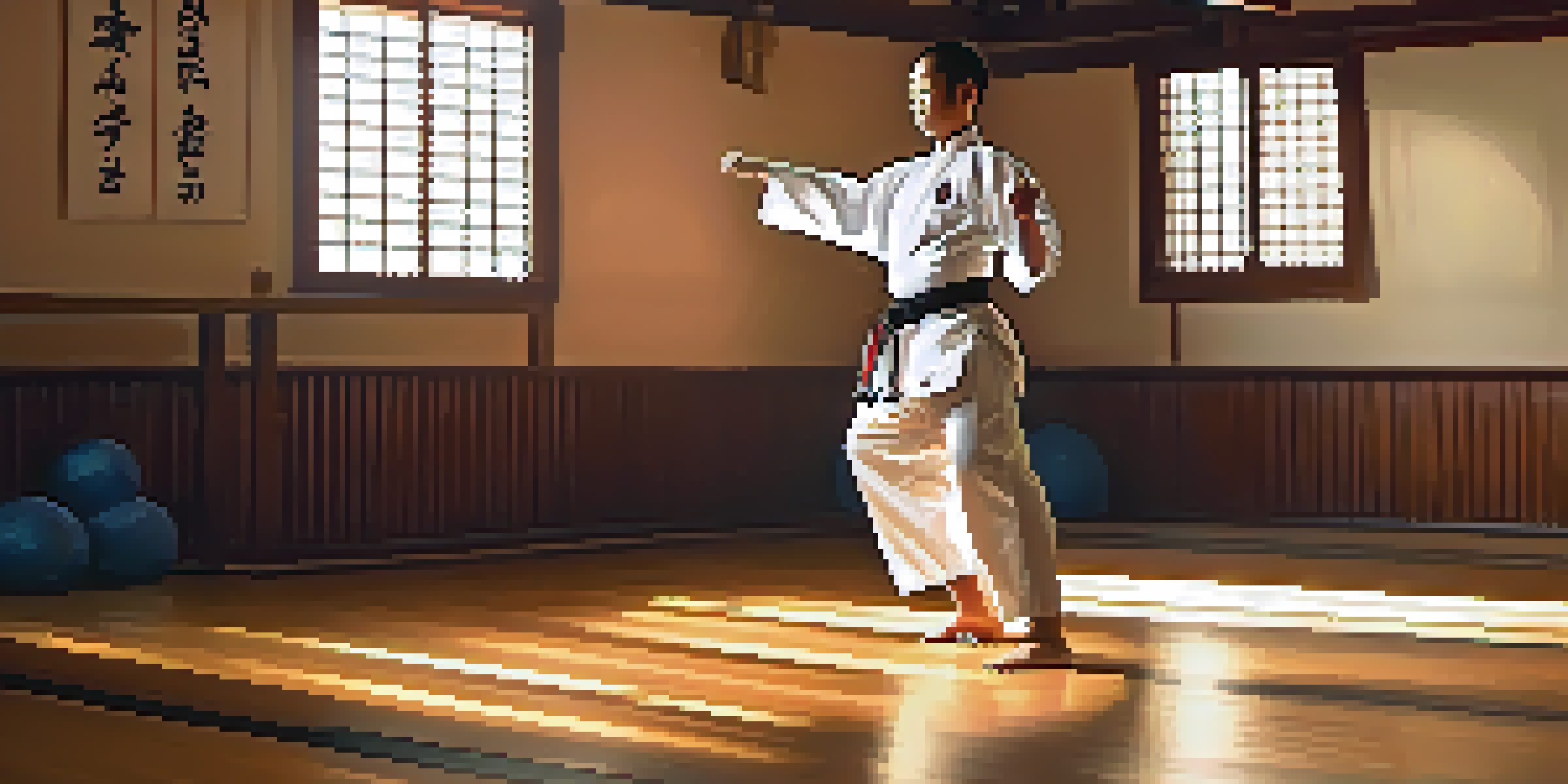 A martial artist practicing a kata in a sunlit dojo with wooden floors and traditional decor.