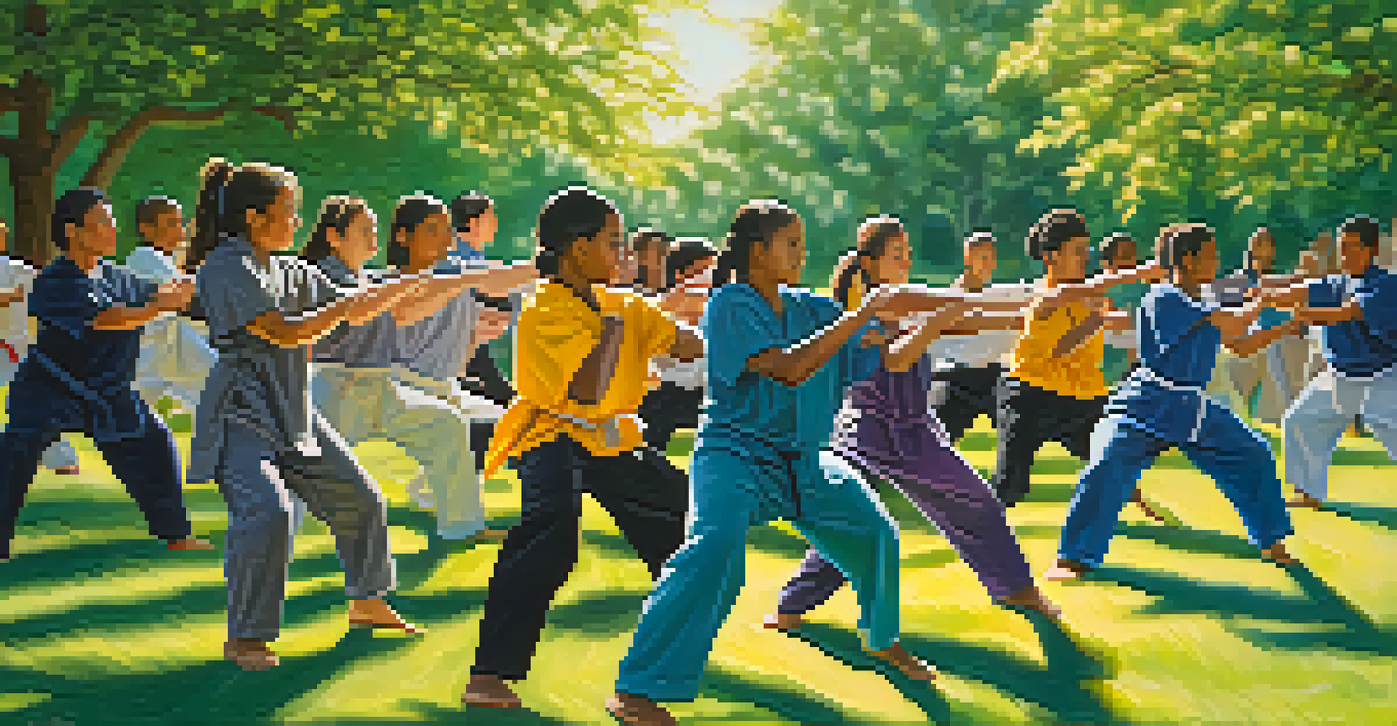 A diverse group of students practicing martial arts together in a sunny park, surrounded by greenery.