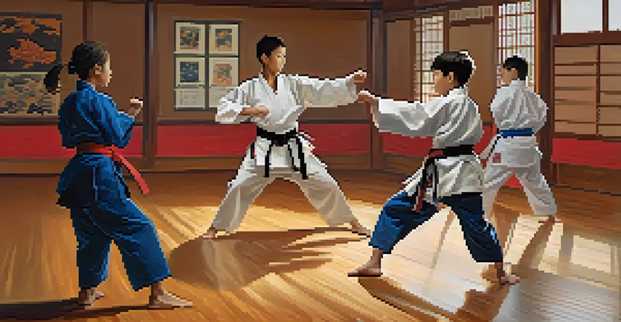 A group of diverse young martial artists practicing together in a dojo, showcasing unity and determination.