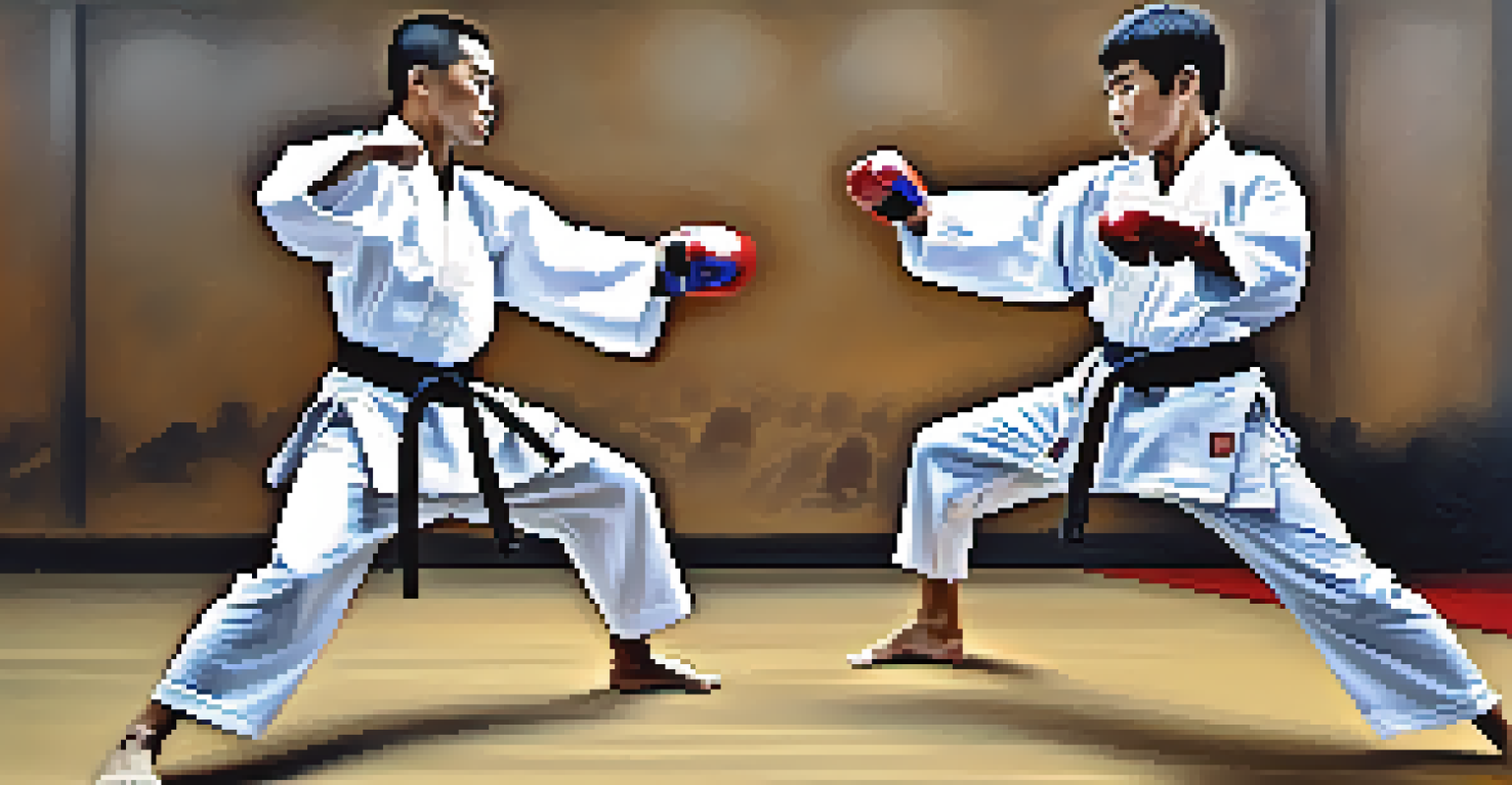 Close-up of two martial artists sparring, one adjusting their stance while the other performs a complex move, with a blurred dojo background.