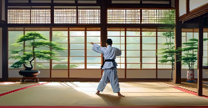 A calm martial arts dojo with sunlight filtering through windows, featuring a martial artist in a gi performing a kata surrounded by bamboo.