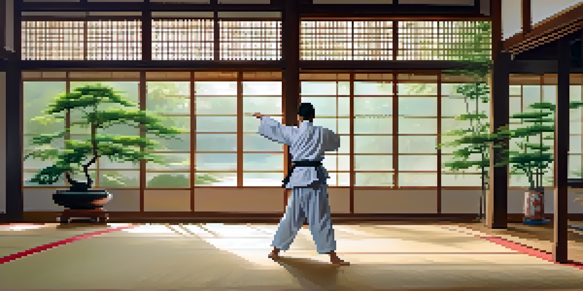 A calm martial arts dojo with sunlight filtering through windows, featuring a martial artist in a gi performing a kata surrounded by bamboo.