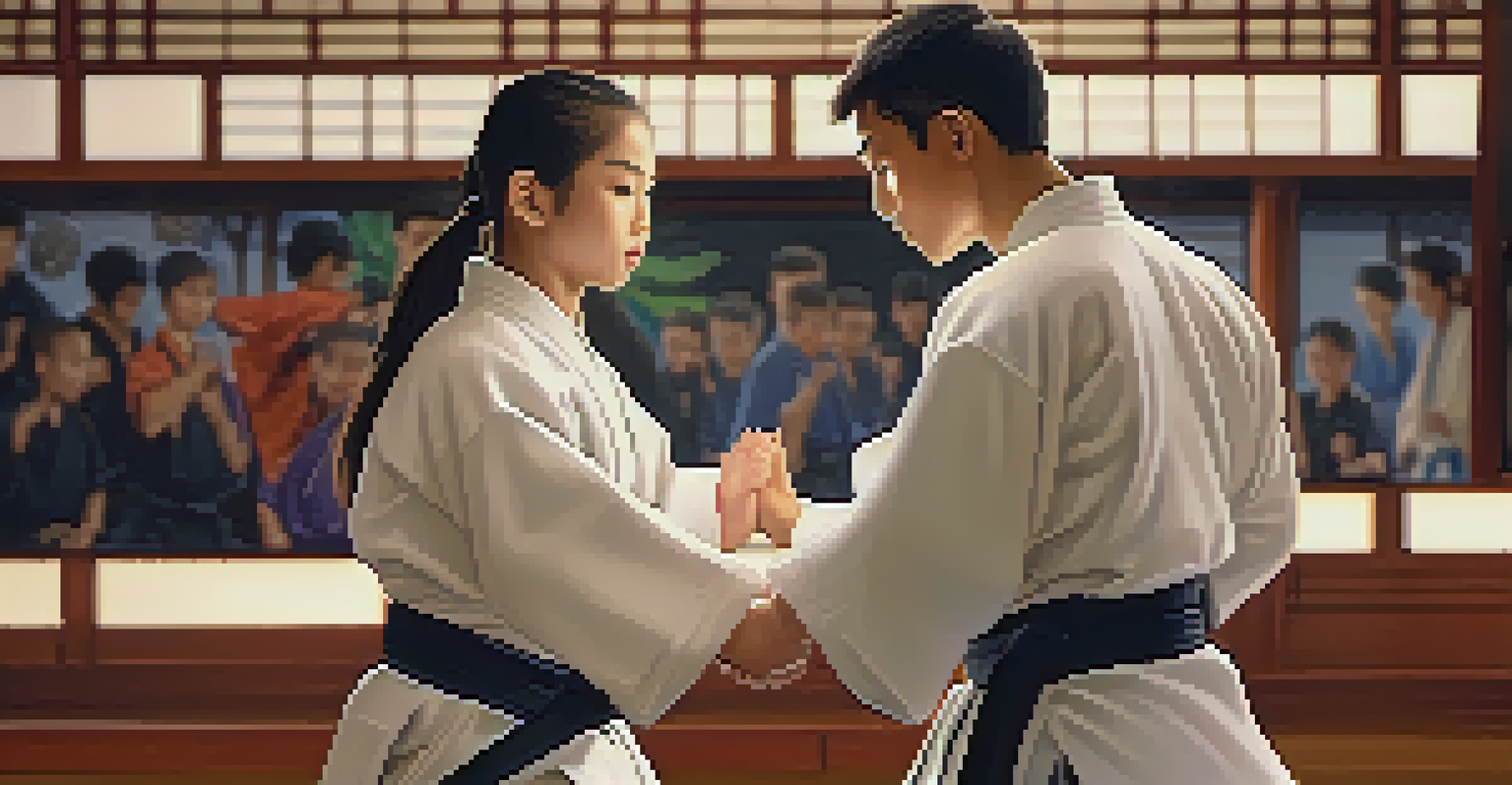Two martial arts students bowing to each other in a dojo, symbolizing respect and discipline.
