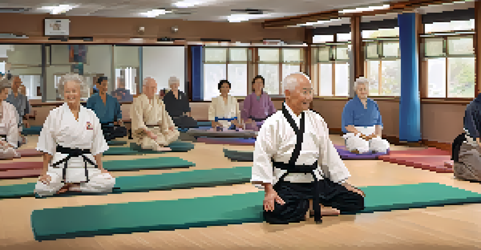 A group of older adults engaged in a warm-up session with gentle stretching exercises in a supportive martial arts environment.