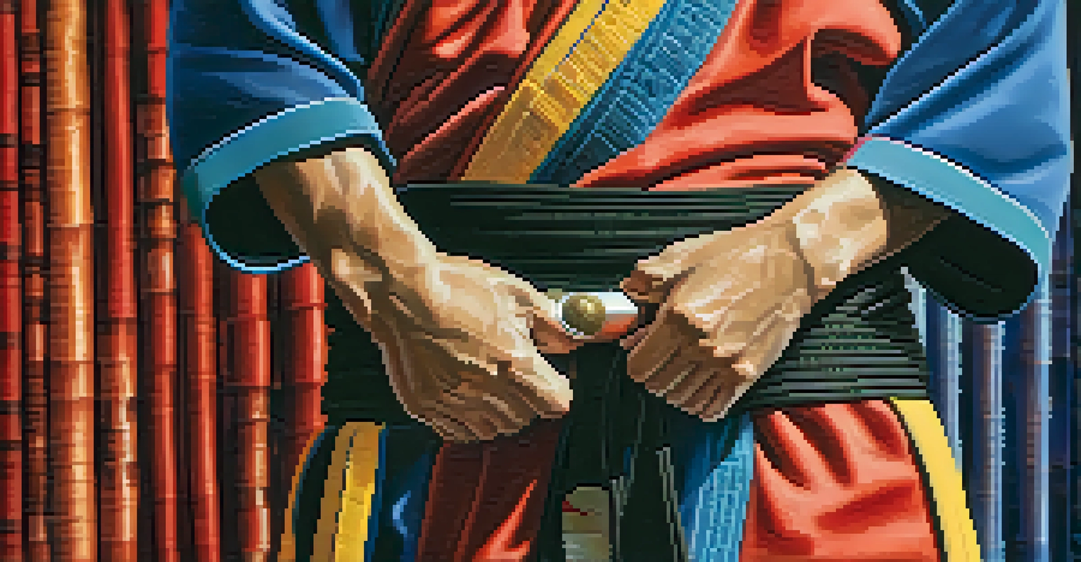 Close-up of hands gripping a vibrant martial arts belt in a dojo setting.