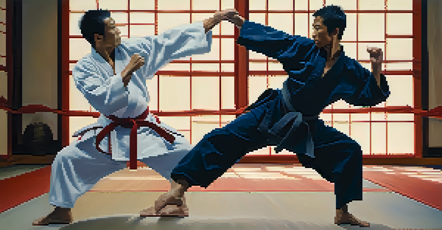 Two martial artists sparring in a dojo, showcasing dynamic movements and intense expressions.