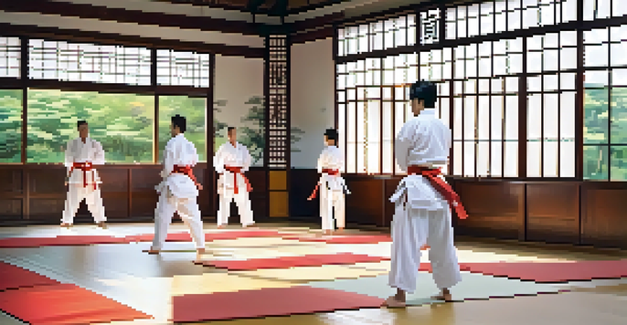 A martial arts dojo with practitioners training under warm light, surrounded by traditional decor and a garden view.
