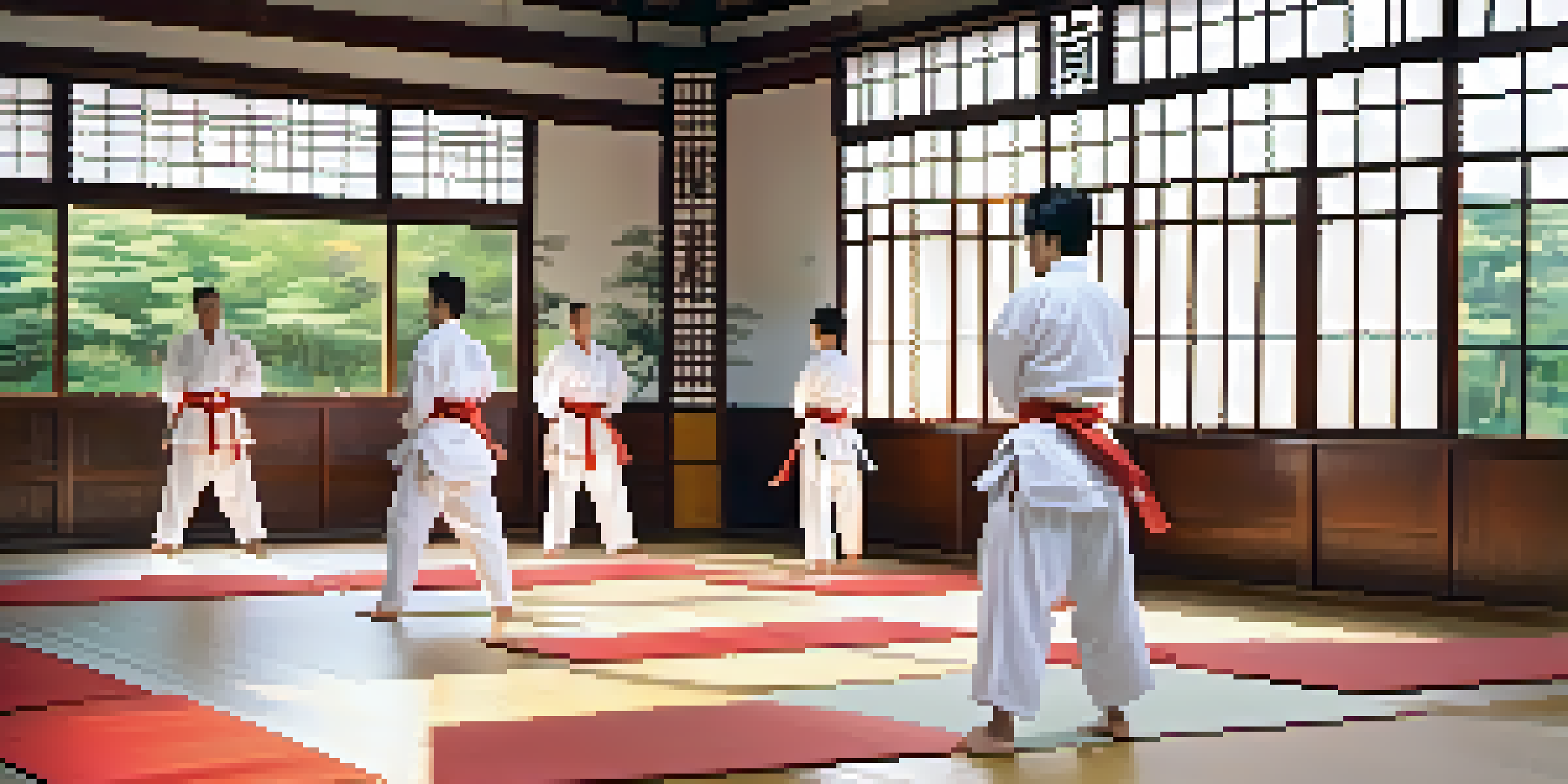 A martial arts dojo with practitioners training under warm light, surrounded by traditional decor and a garden view.