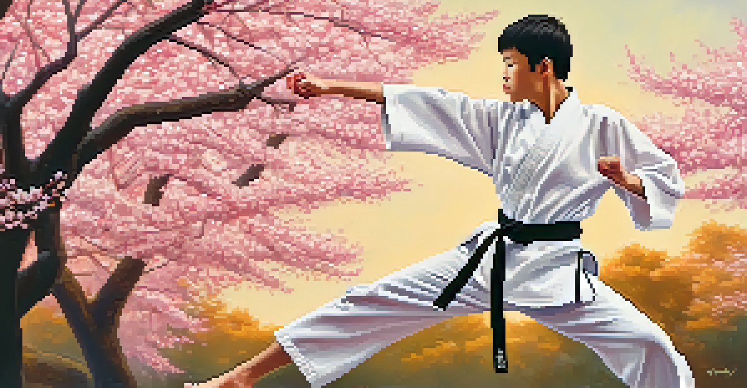 A young martial artist practicing karate in an outdoor setting surrounded by cherry blossoms, with soft golden light illuminating the scene.