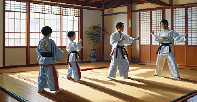 A family practicing martial arts together in a dojo, with sunlight streaming through the windows.