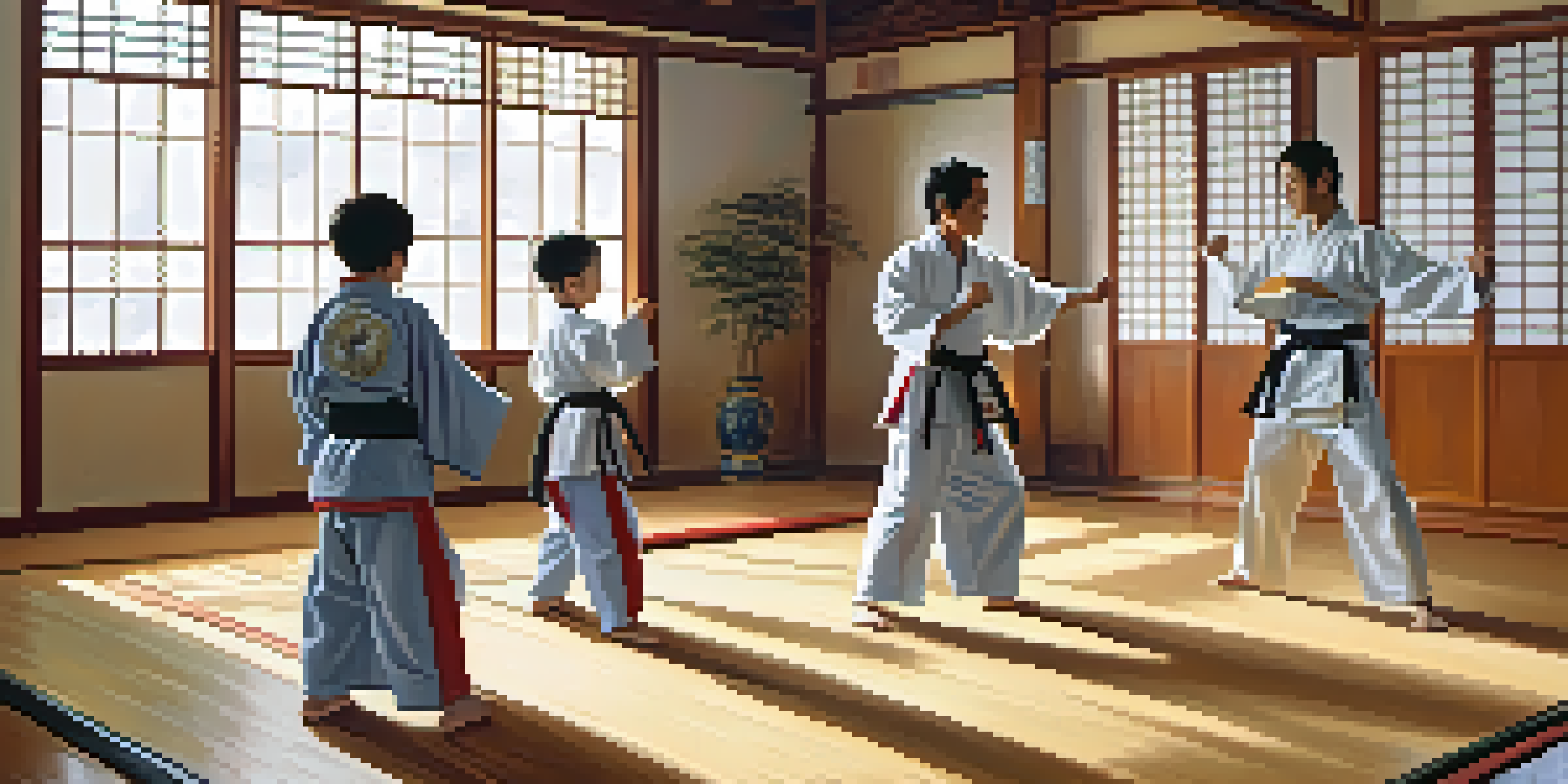 A family practicing martial arts together in a dojo, with sunlight streaming through the windows.