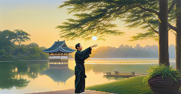A Tai Chi practitioner performing in a tranquil outdoor setting at sunrise, surrounded by greenery and a calm lake.