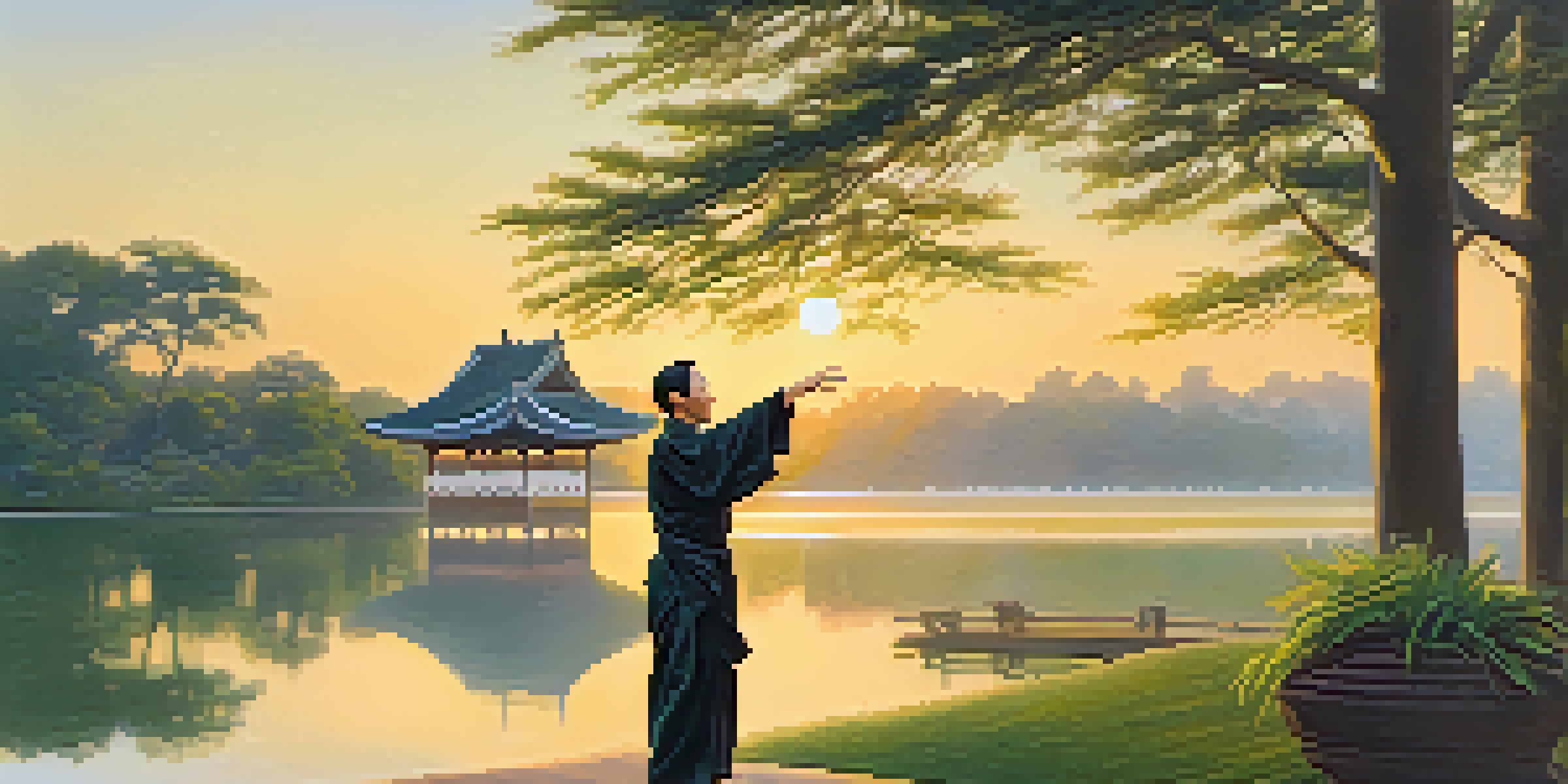A Tai Chi practitioner performing in a tranquil outdoor setting at sunrise, surrounded by greenery and a calm lake.