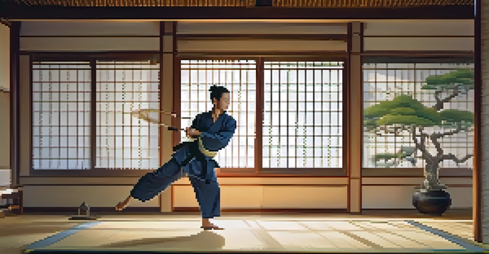 A martial artist executing a kick in a peaceful dojo filled with natural light.