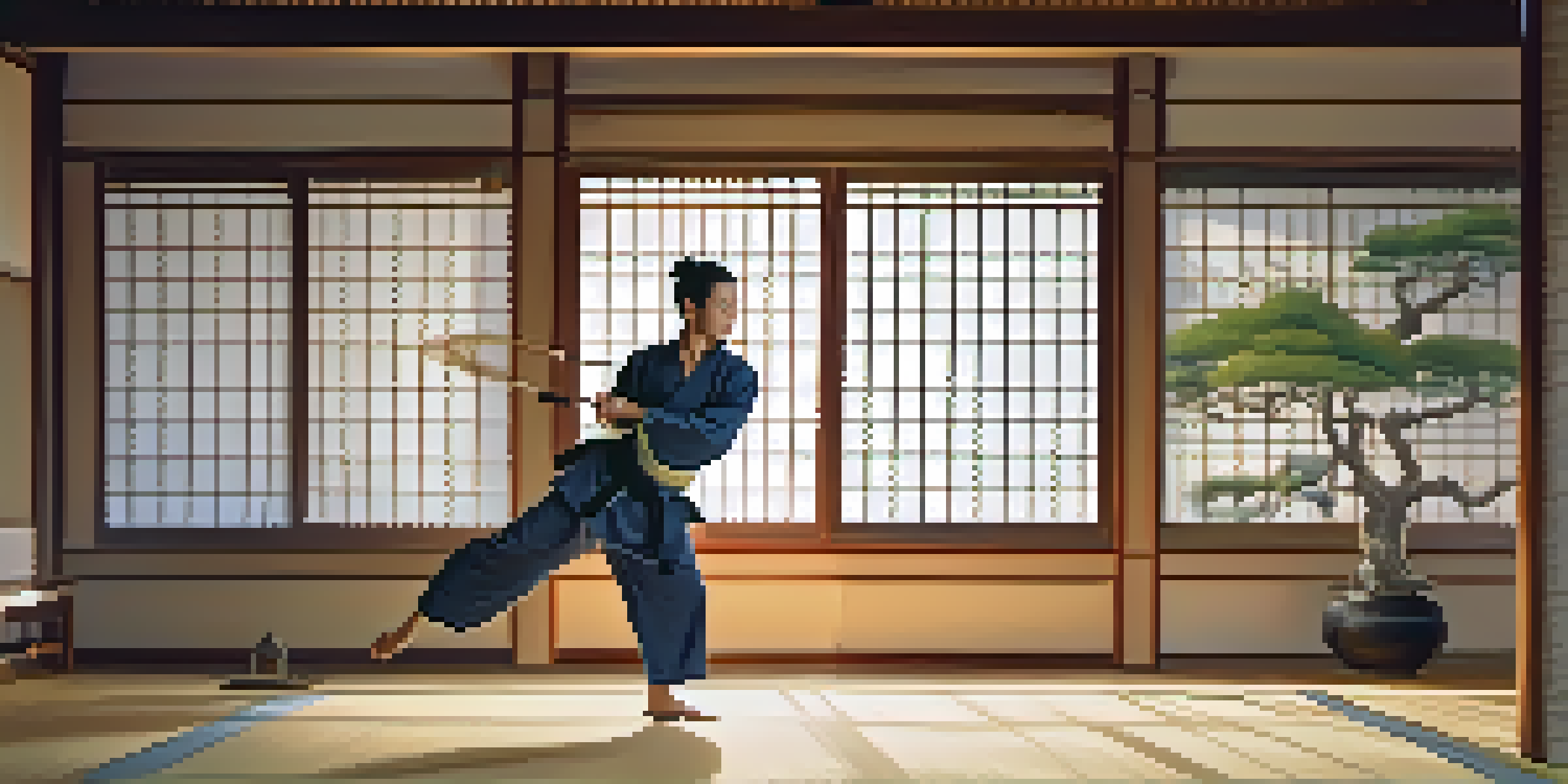 A martial artist executing a kick in a peaceful dojo filled with natural light.