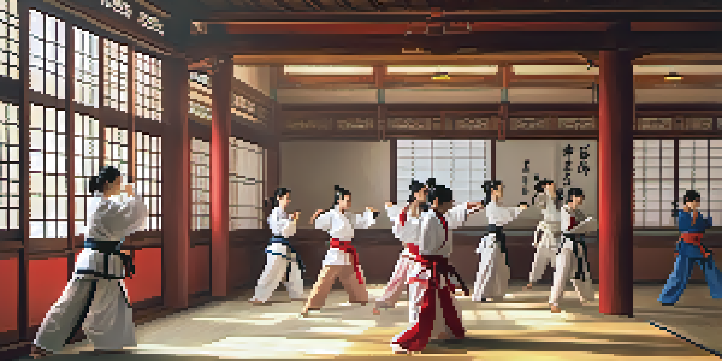 A diverse group of women practicing martial arts in a bright dojo, showcasing their strength and focus.