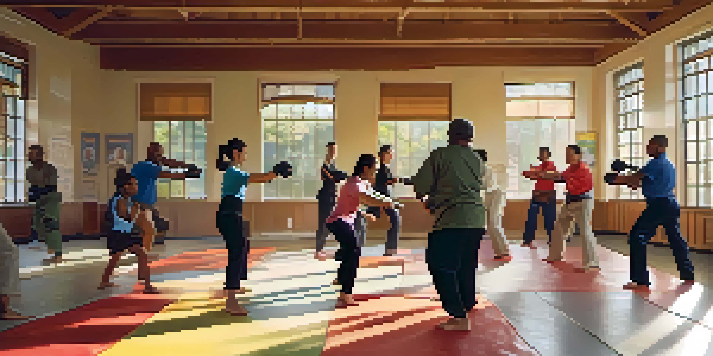 A group of diverse individuals practicing self-defense techniques in a community center, with bright light and motivational posters.
