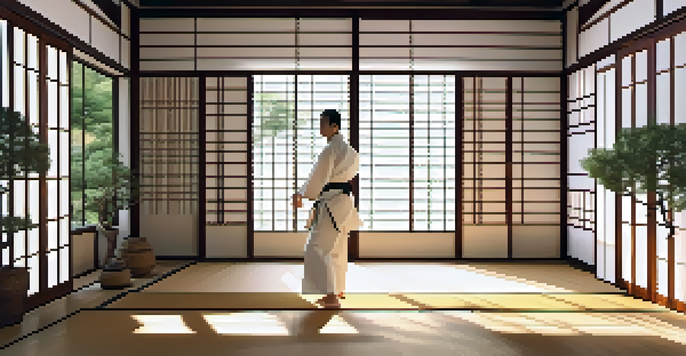 A martial artist dressed in a white gi practicing Tai Chi in a traditional dojo, with sunlight filtering through shoji doors and bonsai trees in the background.