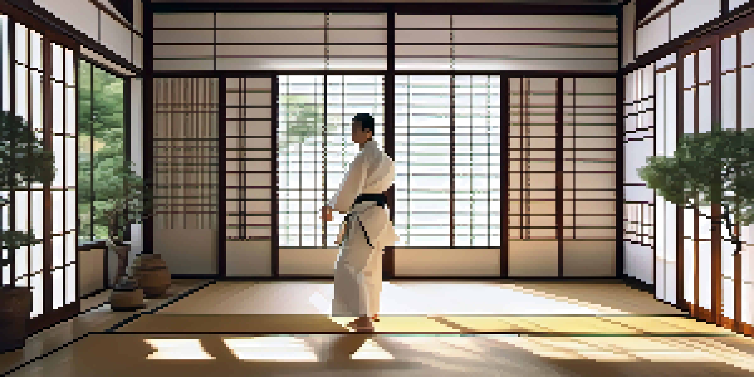 A martial artist dressed in a white gi practicing Tai Chi in a traditional dojo, with sunlight filtering through shoji doors and bonsai trees in the background.