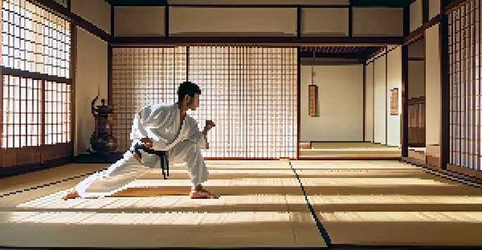 A martial artist practicing kata in a serene dojo during sunrise, with soft golden light and traditional decorations.