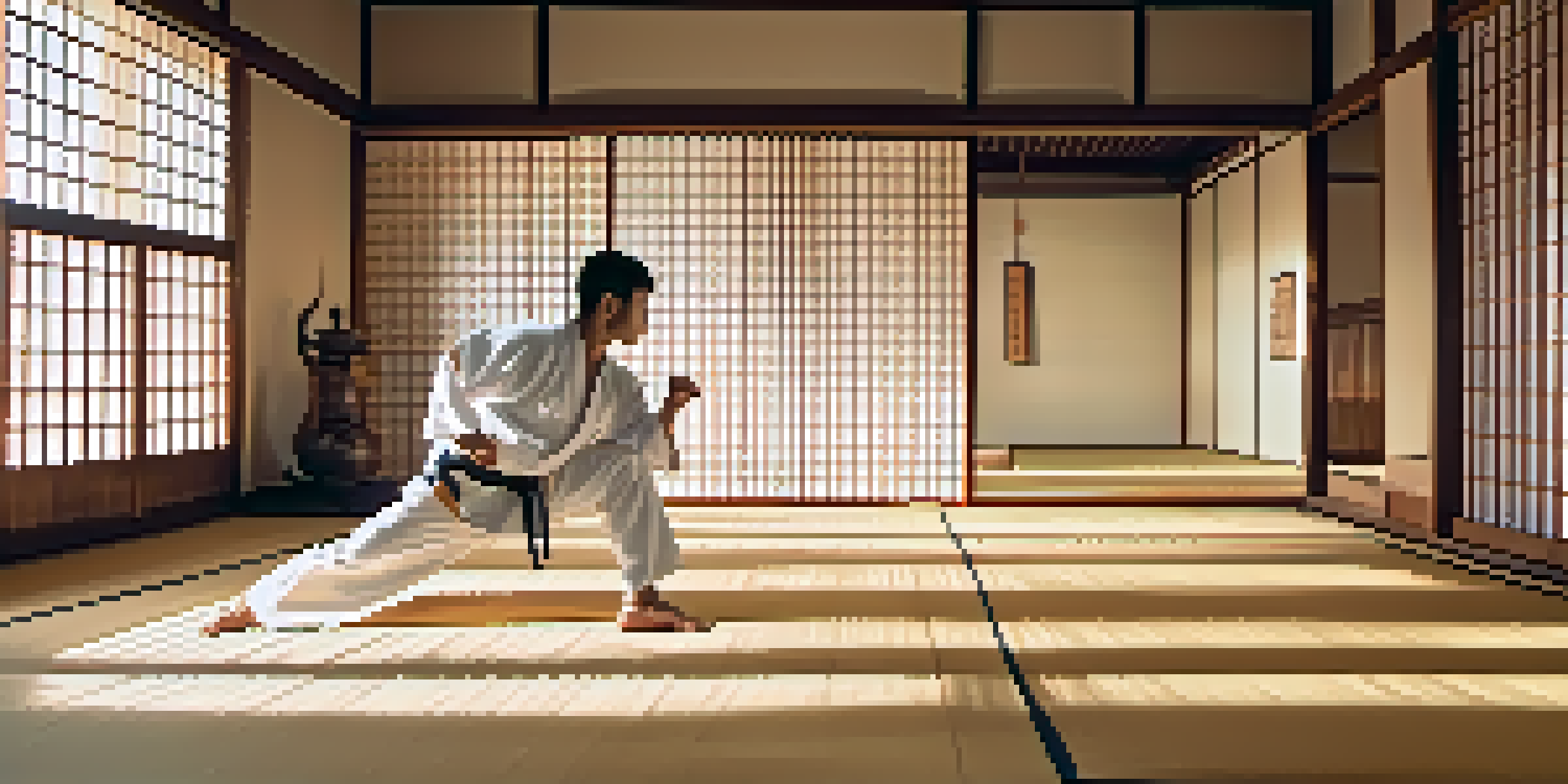 A martial artist practicing kata in a serene dojo during sunrise, with soft golden light and traditional decorations.