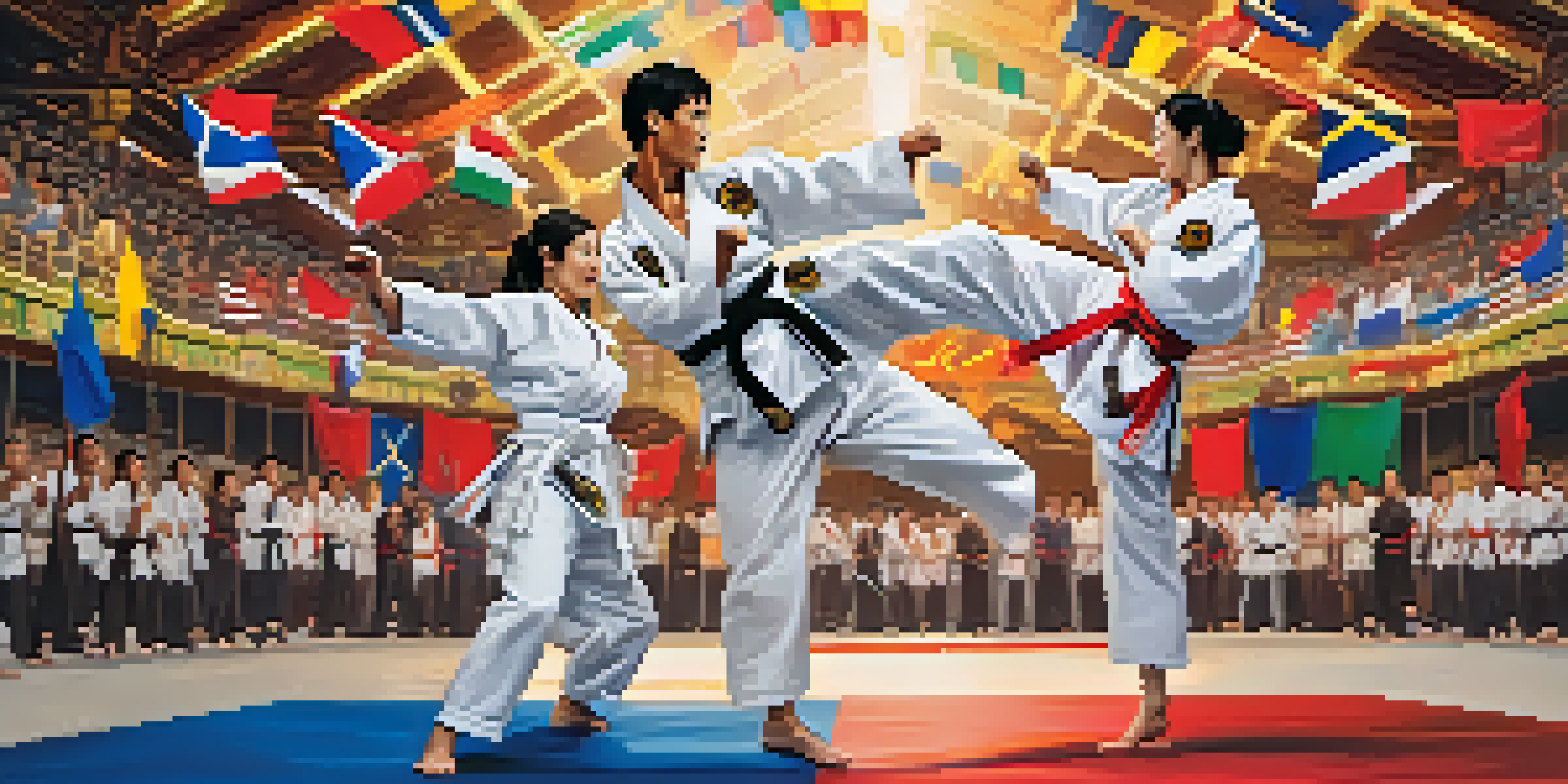 A karate competition with two athletes in traditional uniforms performing dynamic moves, surrounded by an excited audience and colorful flags.