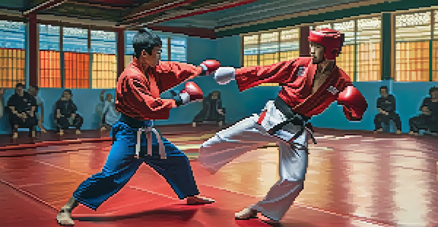 Two martial artists sparring energetically in a colorful training hall, showcasing movement and intensity.