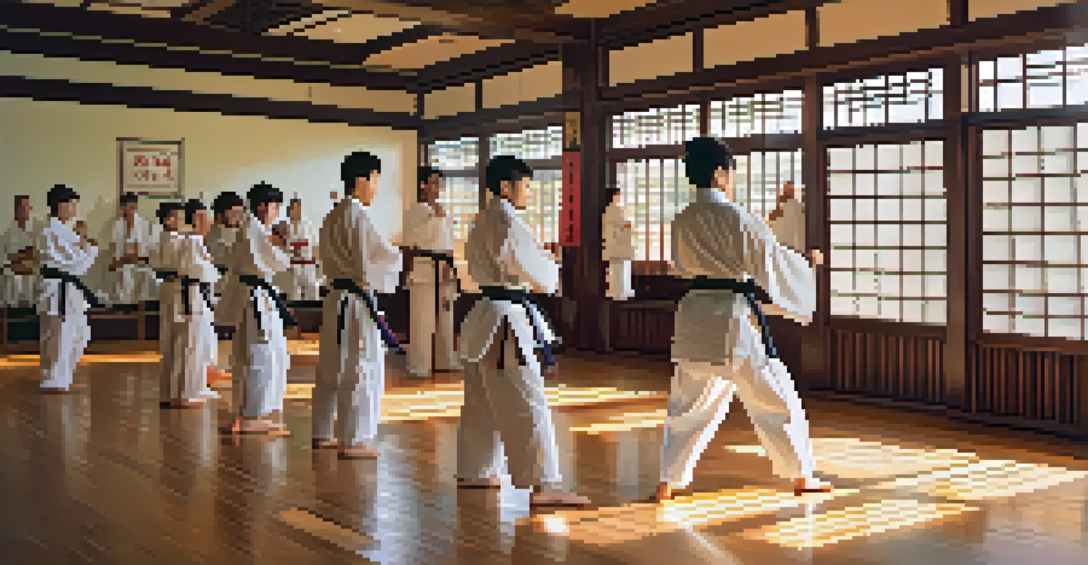 A peaceful martial arts dojo with students practicing their techniques, surrounded by natural light and inspirational decor.