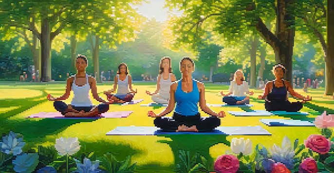A diverse group of people practicing yoga in a sunlit park surrounded by trees and flowers, illustrating tranquility and mindfulness.