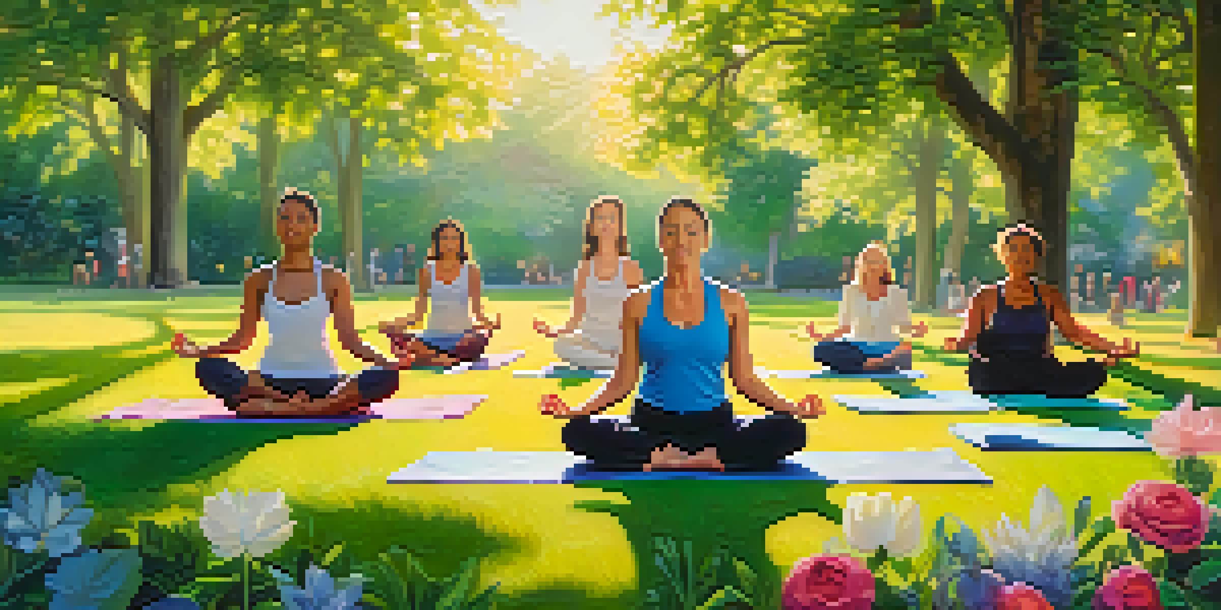 A diverse group of people practicing yoga in a sunlit park surrounded by trees and flowers, illustrating tranquility and mindfulness.