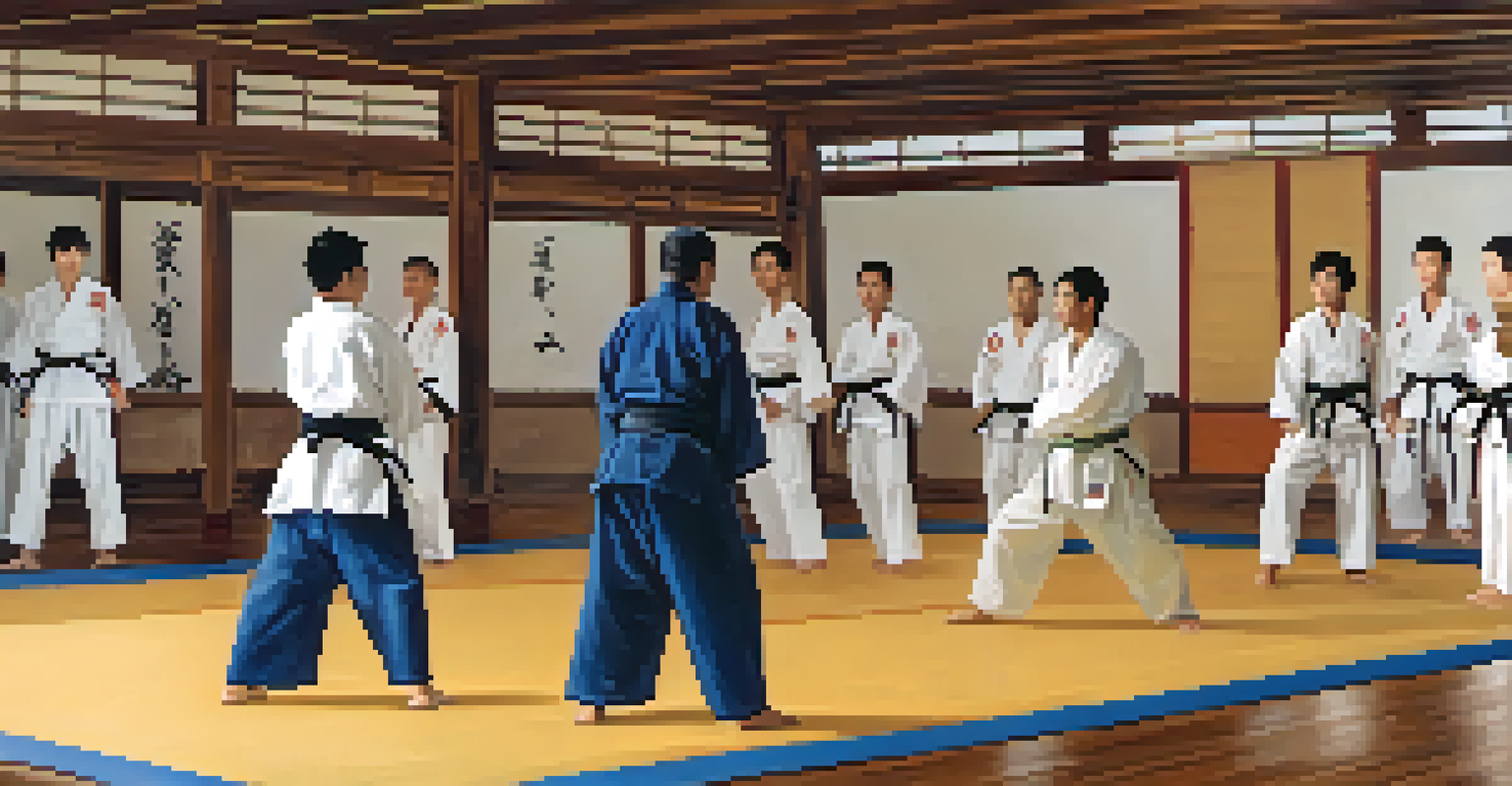A group of diverse martial arts students attentively watching an instructor demonstrate a technique in a traditional dojo.