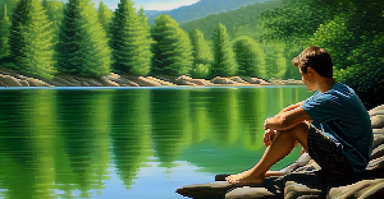 Close-up of hands resting on knees, with a peaceful lake and lush trees in the background, conveying a sense of calm and focus during breathing practice.
