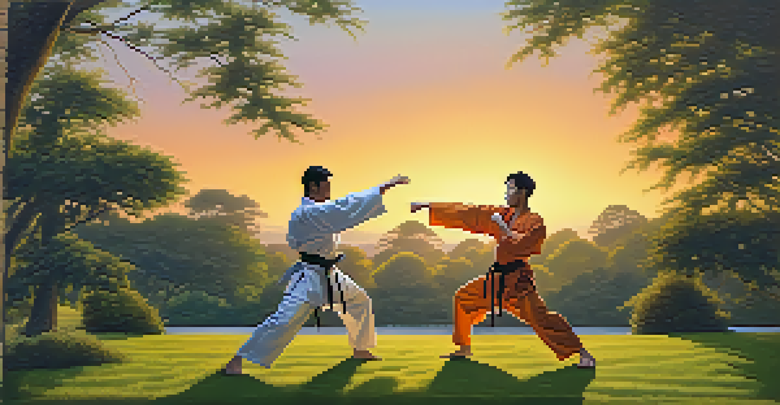 Two martial artists sparring in a park during sunset, surrounded by greenery and a warm golden light.
