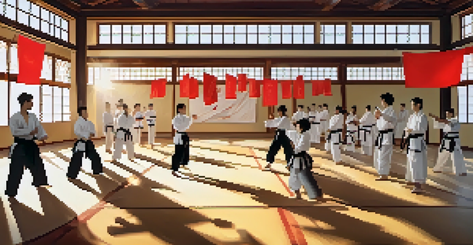 A diverse group of individuals practicing martial arts in a brightly lit dojo, with instructors guiding them.