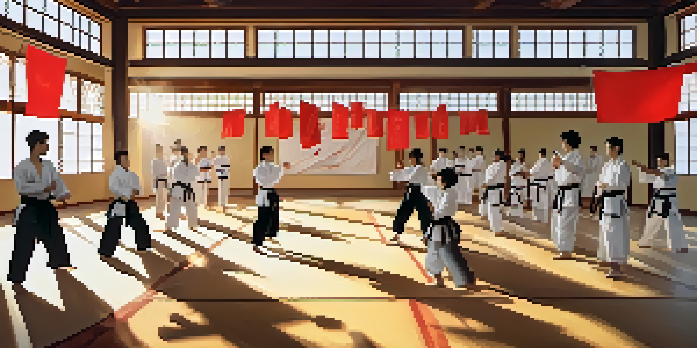 A diverse group of individuals practicing martial arts in a brightly lit dojo, with instructors guiding them.