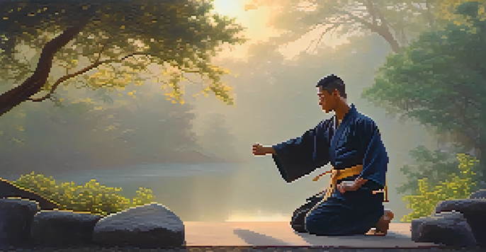 A martial artist practicing in a peaceful outdoor setting during sunrise, surrounded by greenery and mist.