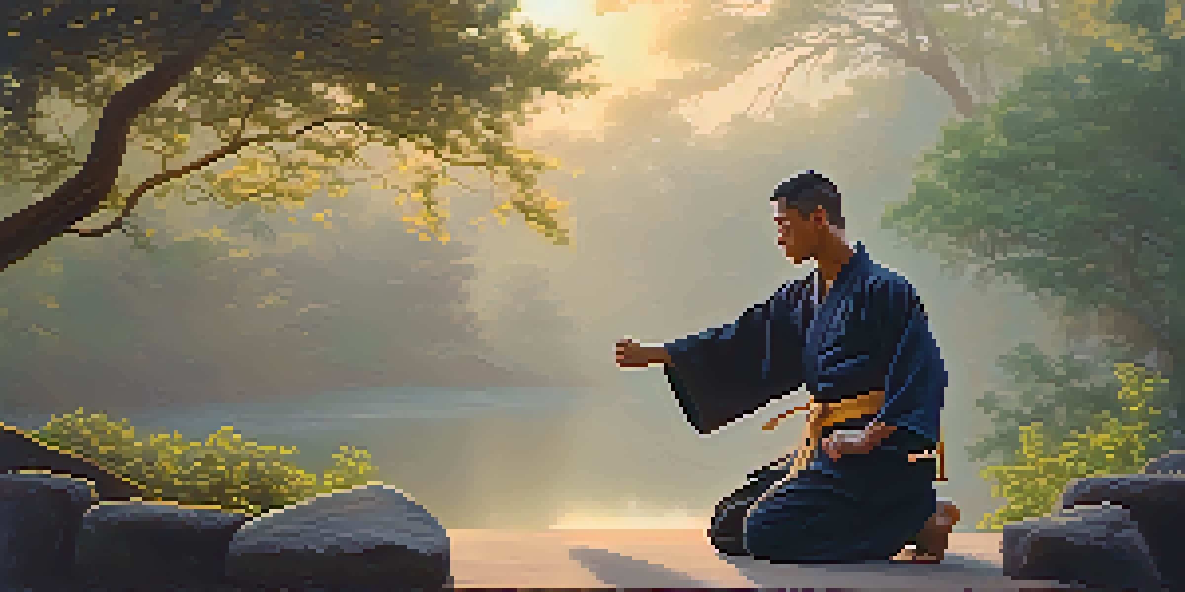 A martial artist practicing in a peaceful outdoor setting during sunrise, surrounded by greenery and mist.