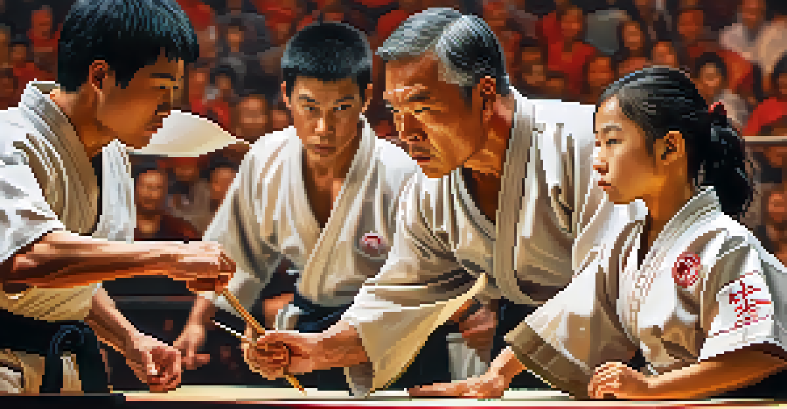 A martial arts judge closely evaluating a match, holding a scoring sheet with a focused expression.