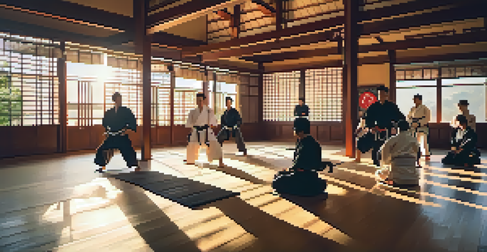 A black belt instructor demonstrates a kick to students in a tranquil dojo illuminated by sunset light.
