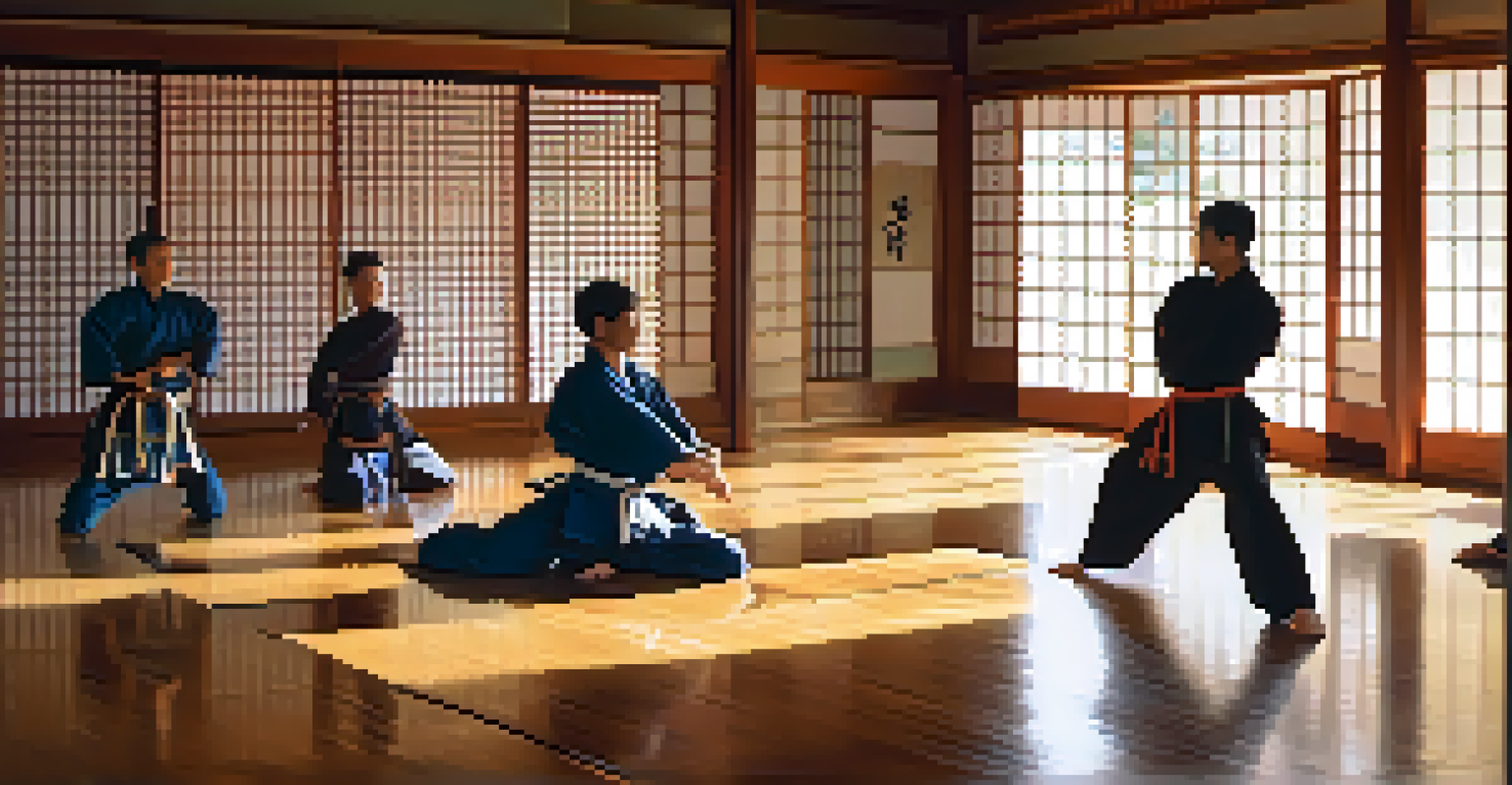 A group of diverse martial artists practicing in a dojo, illuminated by soft morning light, with a reflection in the mirror symbolizing self-discovery.