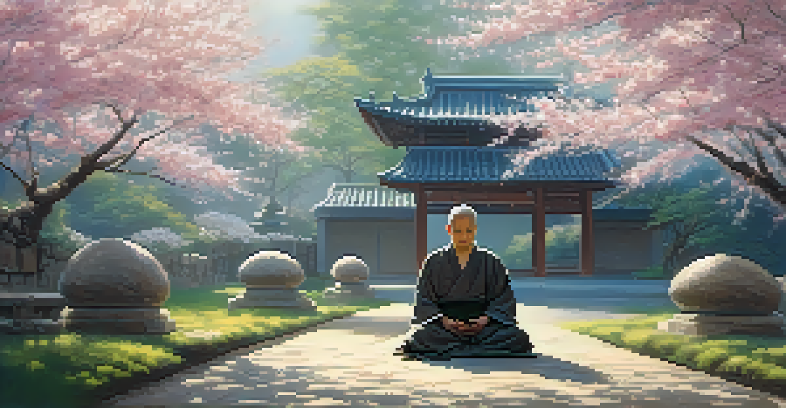 A monk meditating in a peaceful garden with cherry blossoms, surrounded by nature and sunlight.