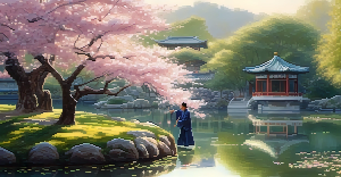A practitioner performing Tai Chi in a peaceful Chinese garden with cherry blossoms and a calm pond at dawn.